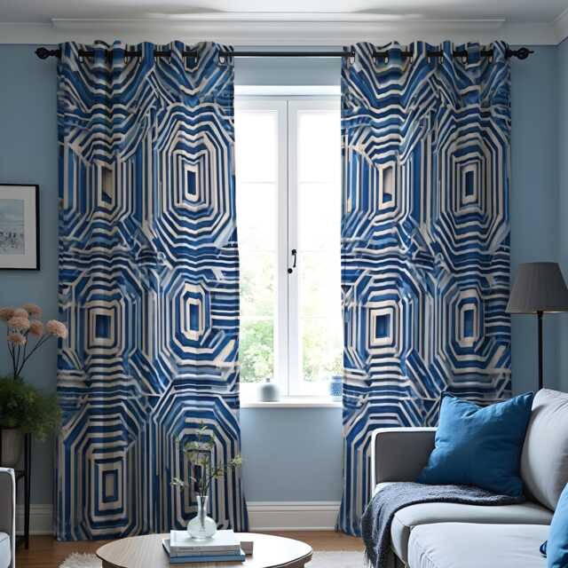Blue Geometric Optical Curtains, Modern Abstract Maze Pattern Drapes, Bold 3D Illusion Style Window Panel - image 1