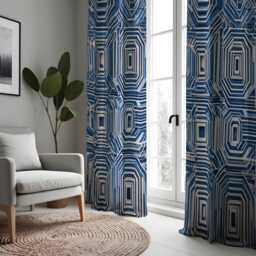 Blue Geometric Optical Curtains, Modern Abstract Maze Pattern Drapes, Bold 3D Illusion Style Window Panel - thumbnail 4