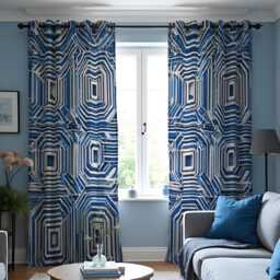 Blue Geometric Optical Curtains, Modern Abstract Maze Pattern Drapes, Bold 3D Illusion Style Window Panel