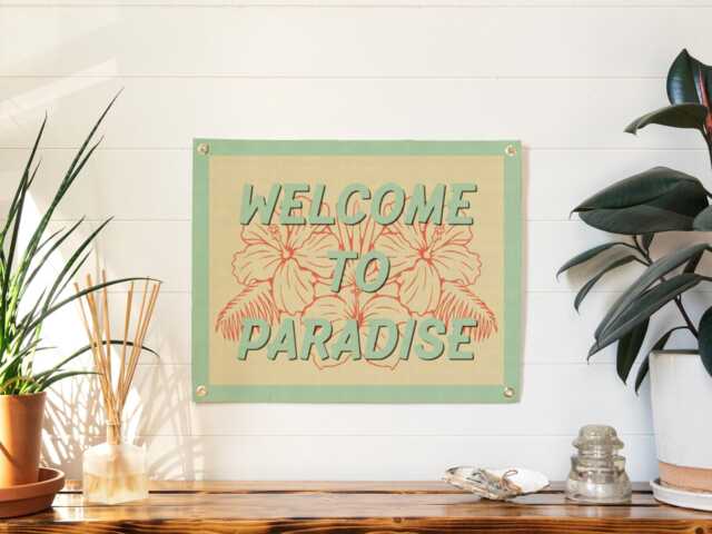 Welcome To Paradise Felt Poster Banner - Beach House Wall Art Print Gift. Vintage Aloha Flag. Hibiscus Coastal Pennant Decor. Usa Handmade - image 1