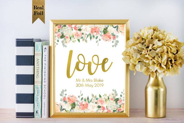 Personalised Love Print, Floral Wall Art, Watercolour Peach & White Flowers, Rose Gold Gallery, Wedding Engagement Gift, Gift For Couples - image 1