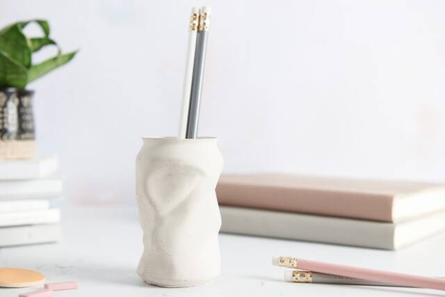 Crushed Can Style Concrete Pencil Pot - Minimalist Desk Decor - image 1