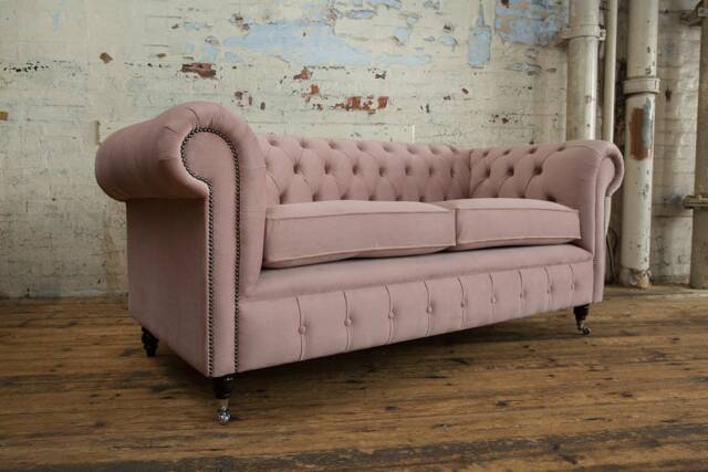 British Handmade 3 Seater Dusty Pink Velvet Fabric Chesterfield Sofa - image 1