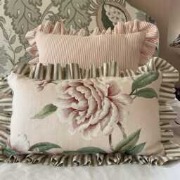 Colefax & Fowler, Giselle, Shell Pink Linen, Floral Frilled Lumbar Cushion Cover, Handmade Designer Throw Pillow, Modern Farmhouse Decor