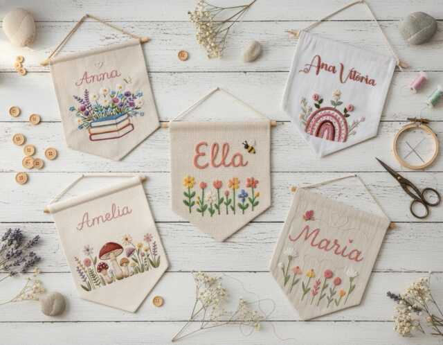 Custom Name Embroidery Wall Hanging Banner, Hand Embroidered Linen Flag, Newborn/Kids Room Decor, Book, Wildflower, Floral, Wild, Bee Design - image 1