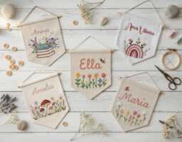 Custom Name Embroidery Wall Hanging Banner, Hand Embroidered Linen Flag, Newborn/Kids Room Decor, Book, Wildflower, Floral, Wild, Bee Design - thumbnail 1