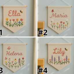 Custom Name Embroidery Wall Hanging Banner, Hand Embroidered Linen Flag, Newborn/Kids Room Decor, Book, Wildflower, Floral, Wild, Bee Design - thumbnail 3