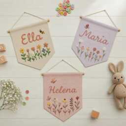 Custom Name Embroidery Wall Hanging Banner, Hand Embroidered Linen Flag, Newborn/Kids Room Decor, Book, Wildflower, Floral, Wild, Bee Design - thumbnail 2