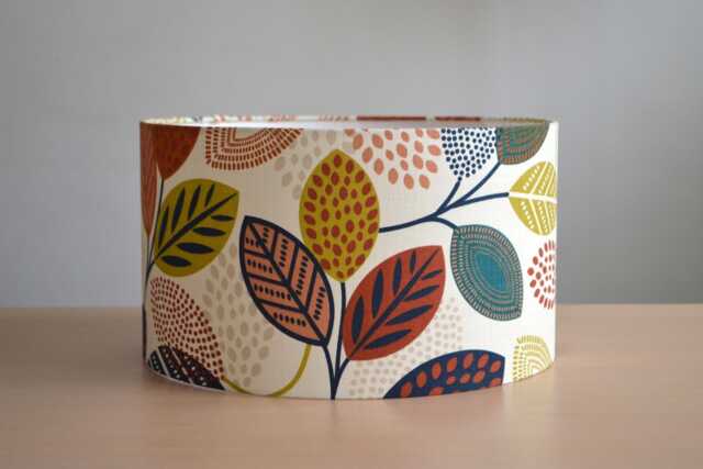 Cream Cotton Lampshade With Multicolored Foliage Pattern, Round Teal Leaf Print, Pendant Light, Light - image 1