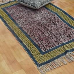 Handmade Block Printed Cotton Rug, Bohemian Dhurrie Decor - thumbnail 2