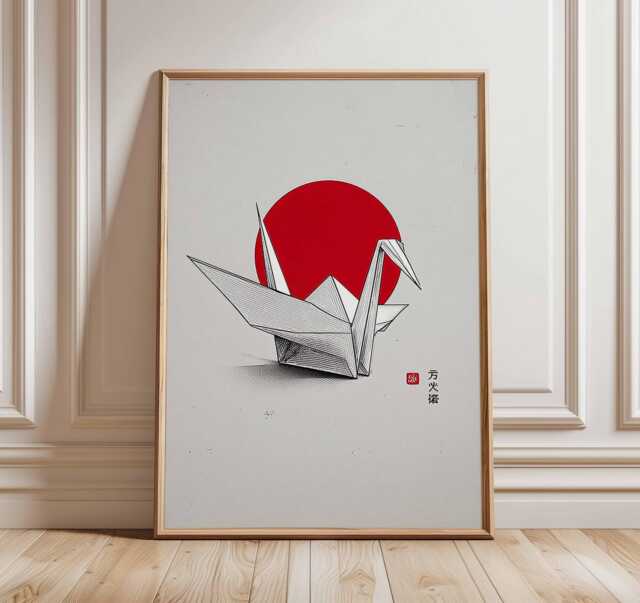 Origami Crane Wall Art, Japanese Minimalist Poster, Red Sun & Paper Bird Print - image 1