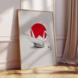 Origami Crane Wall Art, Japanese Minimalist Poster, Red Sun & Paper Bird Print - thumbnail 2