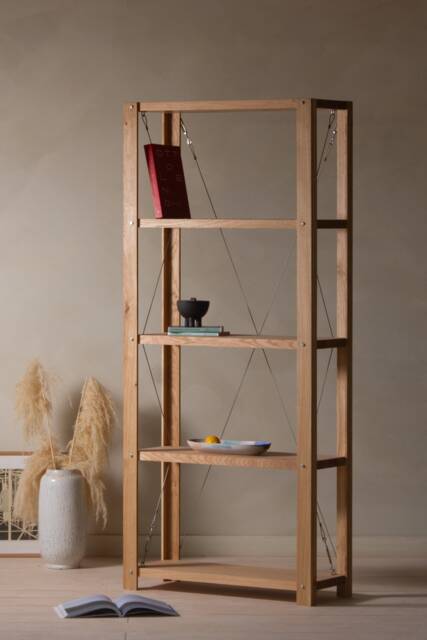 Konk ??? Classic Wooden Bookcase Bespoke Sizes Available Modern Oak & Wire Shelving Unit, Tension Detailed Bookshelf - image 1