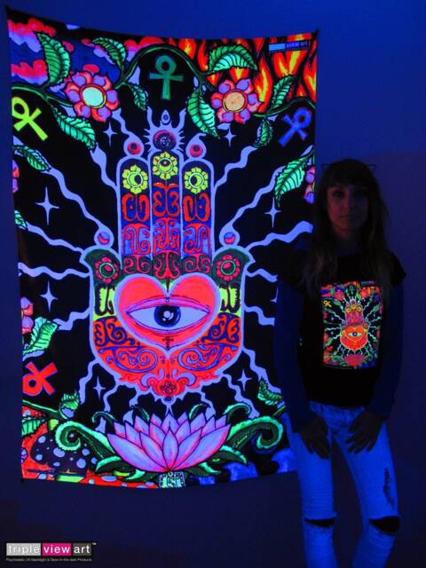 The Hand Uv Black Light Fluorescent Glow Psychedelic Art Backdrop Tapestry Wall Hanging Home Club Trance Party Festival Deco Lotus Evil Eye - image 1