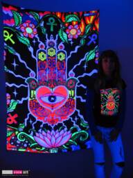 The Hand Uv Black Light Fluorescent Glow Psychedelic Art Backdrop Tapestry Wall Hanging Home Club Trance Party Festival Deco Lotus Evil Eye - thumbnail 1