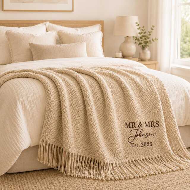 Personalized Knitted Throw Blanket Custom Embroidered Name Blanket, Couple Wedding Gift, Newlywed Anniversary Cozy Home Decor - image 1