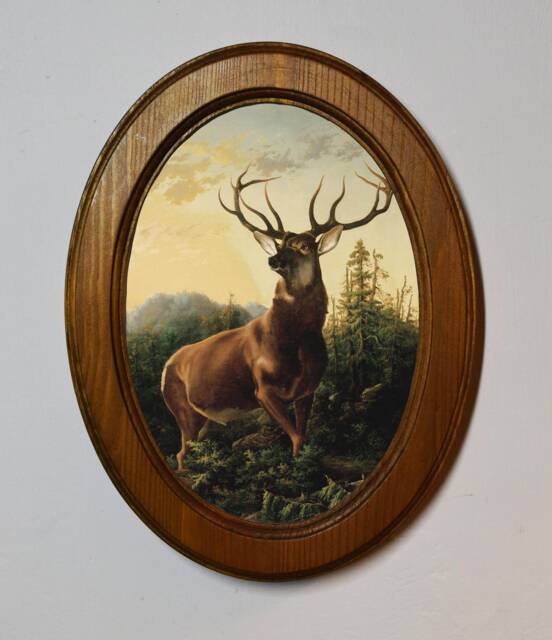 Handmade Deer Stag Art Print in Light Oak Oval Frame - image 1