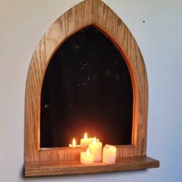 Unusual Gothic Arch Solid Wooden English Oak Wall Mirror & Shelf 49 cm Long Hand Made - thumbnail 3