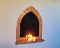 Unusual Gothic Arch Solid Wooden English Oak Wall Mirror & Shelf 49 cm Long Hand Made
