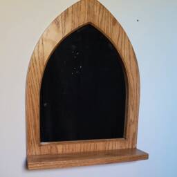 Unusual Gothic Arch Solid Wooden English Oak Wall Mirror & Shelf 49 cm Long Hand Made - thumbnail 4