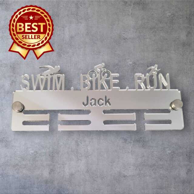 Swim, Bike, Run Medal Hanger - Mirror Colours, Custom Name & Colour - image 1