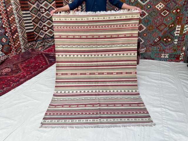 4'6x6'5 Ft Handmade Afghan Wool Kilim, Striped Kilim Rug, Red Green White Flat Pile Rug For Laundry Or Patio, Boho Style - image 1