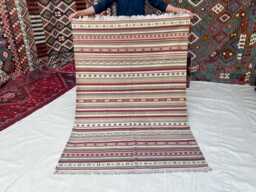 4'6x6'5 Ft Handmade Afghan Wool Kilim, Striped Kilim Rug, Red Green White Flat Pile Rug For Laundry Or Patio, Boho Style