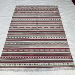 4'6x6'5 Ft Handmade Afghan Wool Kilim, Striped Kilim Rug, Red Green White Flat Pile Rug For Laundry Or Patio, Boho Style - thumbnail 2