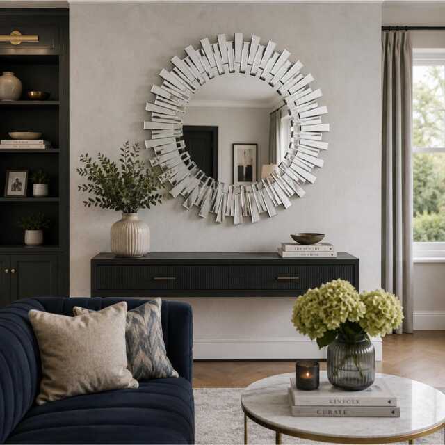 Large Sunburst Mirror, 122cm Bevelled Glass Statement Wall Mirror - image 1