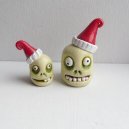 Polymer Clay Zombie Head Sculpture Christmas Santa Hat Decor - thumbnail 3