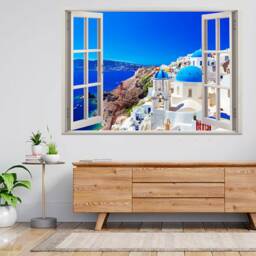 Santorini Island Greece Blue Dome 3D Window View Wall Sticker Poster Decal A599 - thumbnail 1
