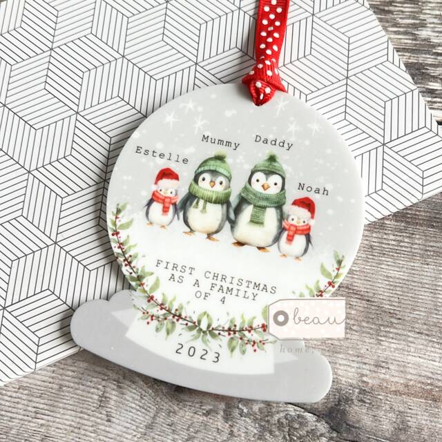 Personalised 1st Christmas Gift First As A Family Of 4 Four Penguin Acrylic Snowglobe Shape Ornament Keepsake Boy Child