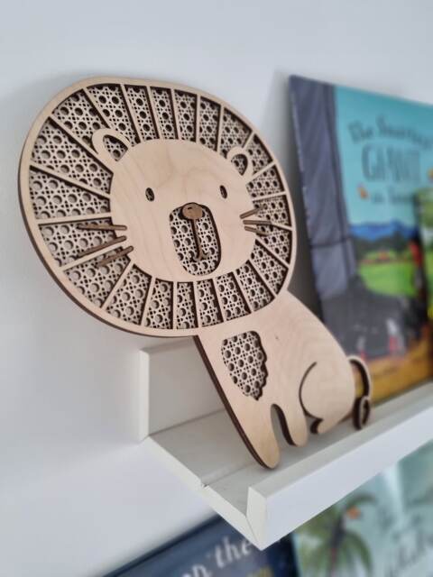 Wooden Lion Nursery Decor, Safari Wooden Wall Babyshower Gift, Rattan Shelf Sitter, Theme - image 1