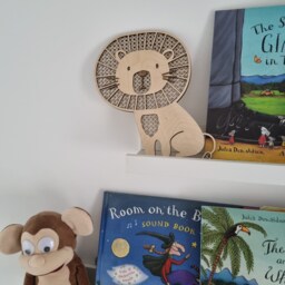 Wooden Lion Nursery Decor, Safari Wooden Wall Babyshower Gift, Rattan Shelf Sitter, Theme - thumbnail 2