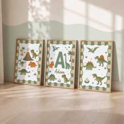 Personalised Dinosaur Prints - Set Of 3 Kids Dino Wall Art, Custom Boys Bedroom Decor