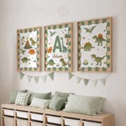 Personalised Dinosaur Prints - Set Of 3 Kids Dino Wall Art, Custom Boys Bedroom Decor - thumbnail 3
