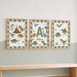 Personalised Dinosaur Prints - Set Of 3 Kids Dino Wall Art, Custom Boys Bedroom Decor - thumbnail 2