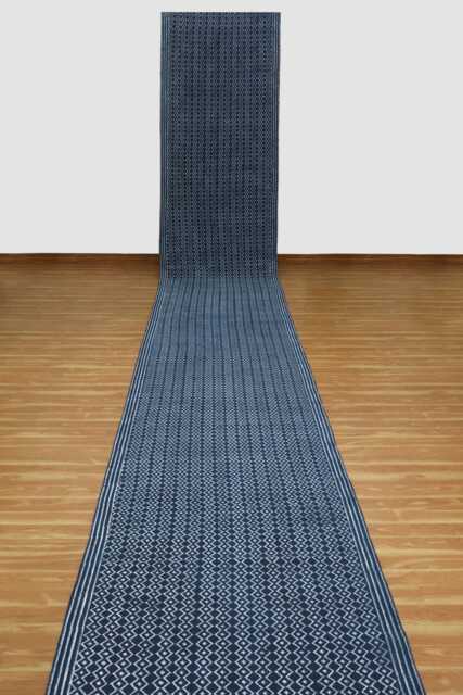 Handmade Block Printed Cotton Runner Rug, Blue/White Stair - image 1
