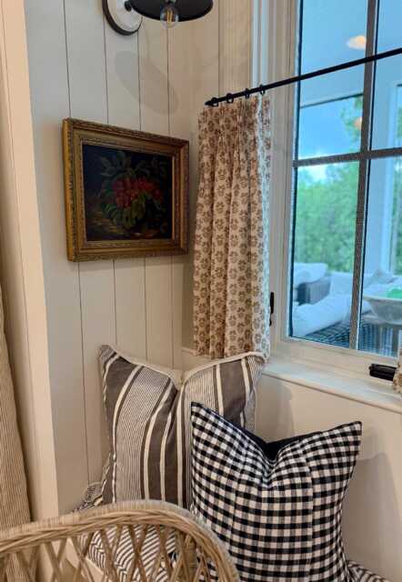 Brown Cream Woven Linen Block Print Cafe Curtain, Summer Airy Feel, Pleated Panel - image 1