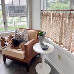 Brown Cream Woven Linen Block Print Cafe Curtain, Summer Airy Feel, Pleated Panel - thumbnail 2