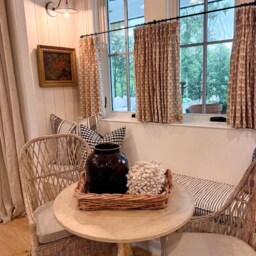Brown Cream Woven Linen Block Print Cafe Curtain, Summer Airy Feel, Pleated Panel - thumbnail 3