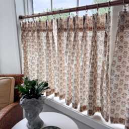 This Fresh Brown Woven Linen Block Print Has Pleated Cafe Curtain Summer Airy Feel, Perfect For Kitchen, Bathroom, Breakfastnooks - thumbnail 2