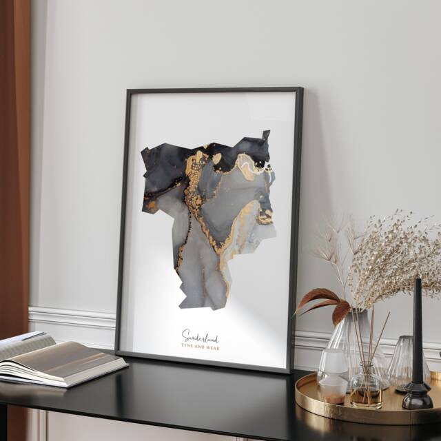 Sunderland Map Black & Gold Wall Art Print - Tyne & Wear England United Kingdom Great Britain - image 1