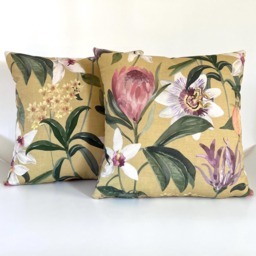 Mustard Floral Cotton Cushion Tropical Passion Flower Design