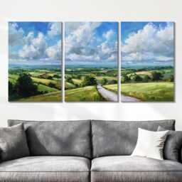 Countryside Landscape 3 Panel Split Canvas Wall Art Rolling Hills Road Abstract Oil Painting Framed Farmhouse Rustic Home Decor Gift - thumbnail 2