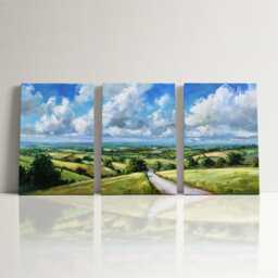 Countryside Landscape 3 Panel Split Canvas Wall Art Rolling Hills Road Abstract Oil Painting Framed Farmhouse Rustic Home Decor Gift - thumbnail 3