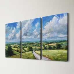 Countryside Landscape 3 Panel Split Canvas Wall Art Rolling Hills Road Abstract Oil Painting Framed Farmhouse Rustic Home Decor Gift - thumbnail 1