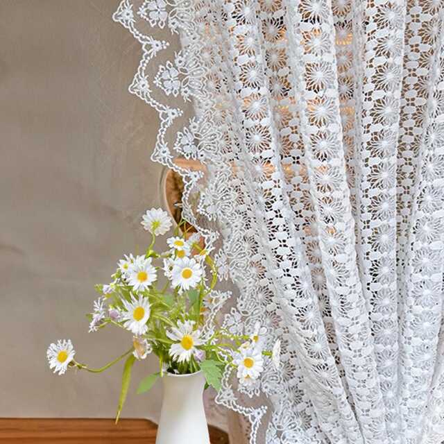 Embroidered Lace Curtain French Style Wavy Edge Floral Window Panel - image 1