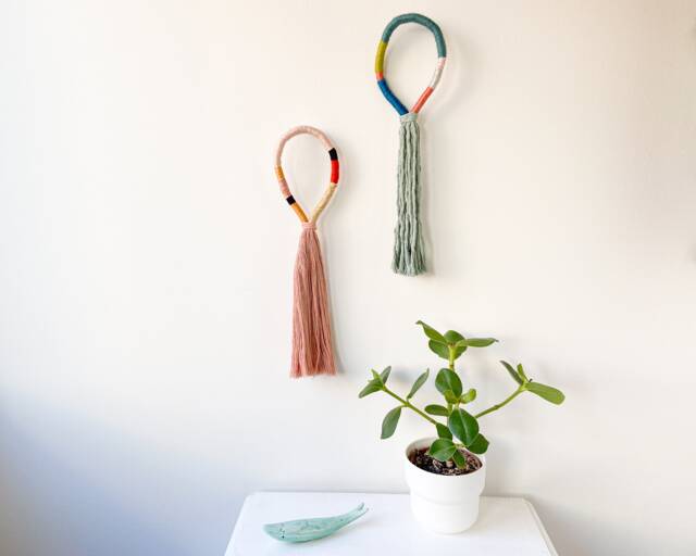 Set Of 2 Handmade Knotted Wall Hangings, Pair Bohemian Macrame Fiber Art Pieces, Wrapped Pastel Rope Decor Set - image 1