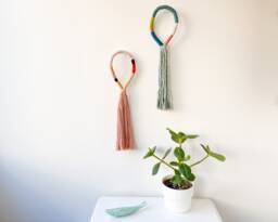 Set Of 2 Handmade Knotted Wall Hangings, Pair Bohemian Macrame Fiber Art Pieces, Wrapped Pastel Rope Decor Set - thumbnail 1